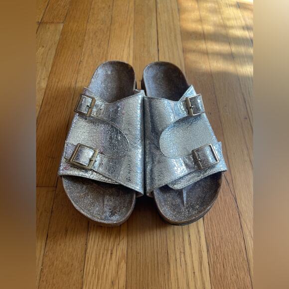 Shoes - Silver Crackle Cork Flatforms